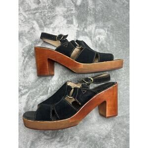 Anthropologie Latigo Iris Black Suede Sandal Platform Wood Chunky Heel Size 8.5